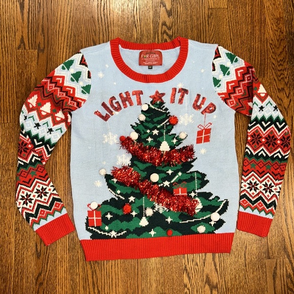 Ugly Christmas Sweater Light it Up Sz M NWOT Christmas tree Tinsel - Picture 4 of 11